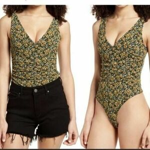 Leith Floral Ruched Sleeveless One-Piece Bodysuit Tank Top Blouse Plus Size 2X